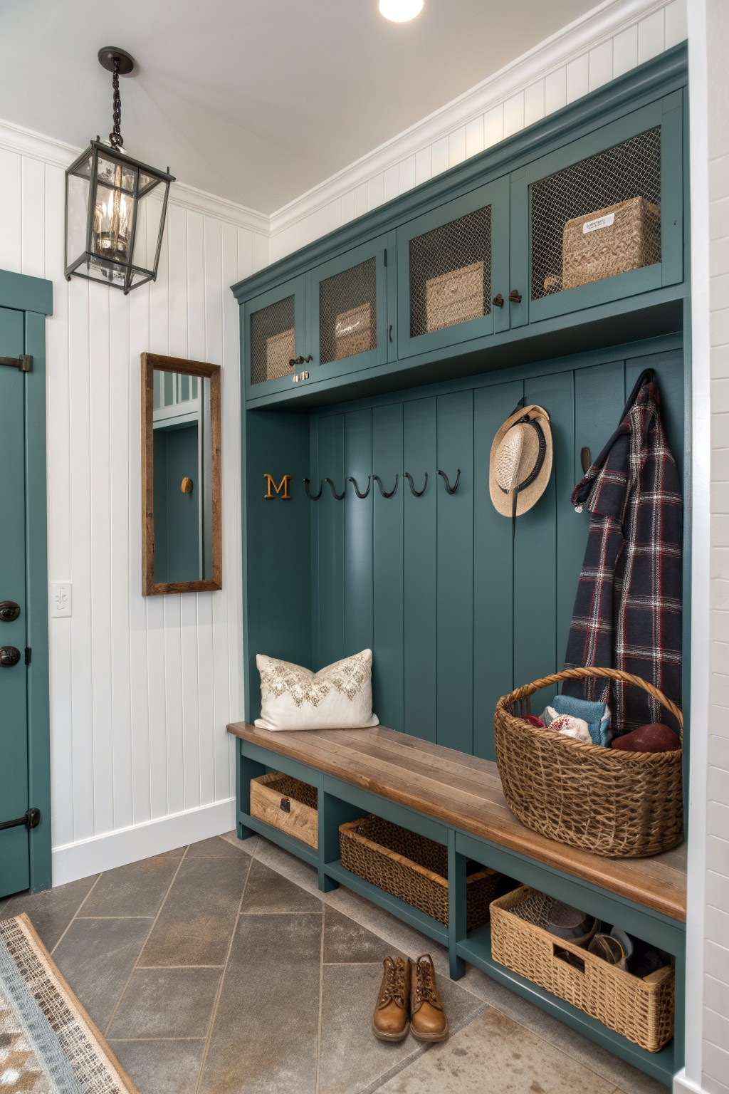 Mudroom featuring deep teal green cabinets with wood bench, hooks, and woven baskets