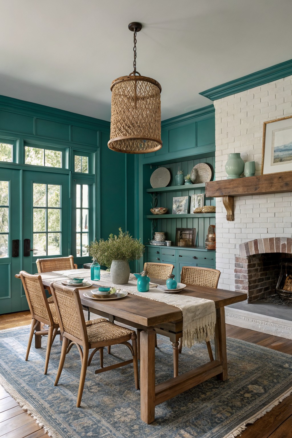 Dining room featuring deep teal green paneled walls, white brick fireplace, wooden dining table with rattan chairs, woven pendant light, and blue-green ceramics on built-in shelves