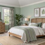 Bedroom with pale sage green board-and-batten walls, rattan-upholstered headboard on wooden bed, white and green striped bedding, potted plants, table lamps, and seagrass rug on hardwood floors