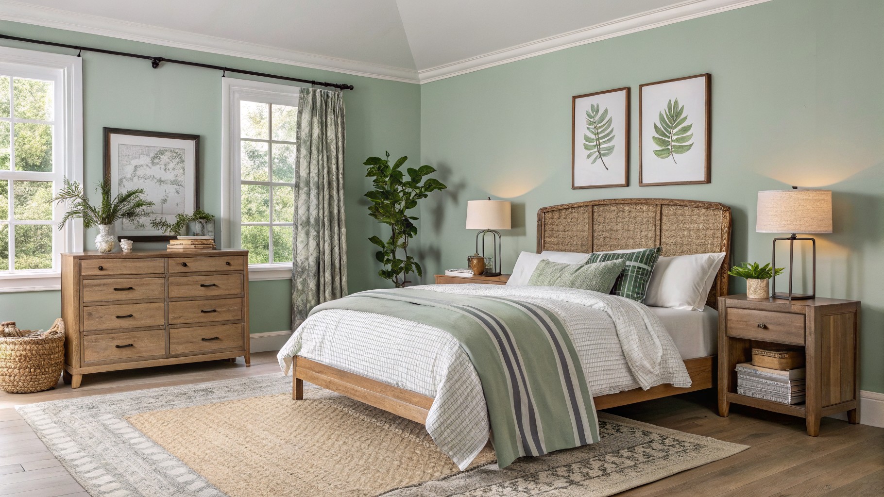 Bedroom with pale sage green board-and-batten walls, rattan-upholstered headboard on wooden bed, white and green striped bedding, potted plants, table lamps, and seagrass rug on hardwood floors