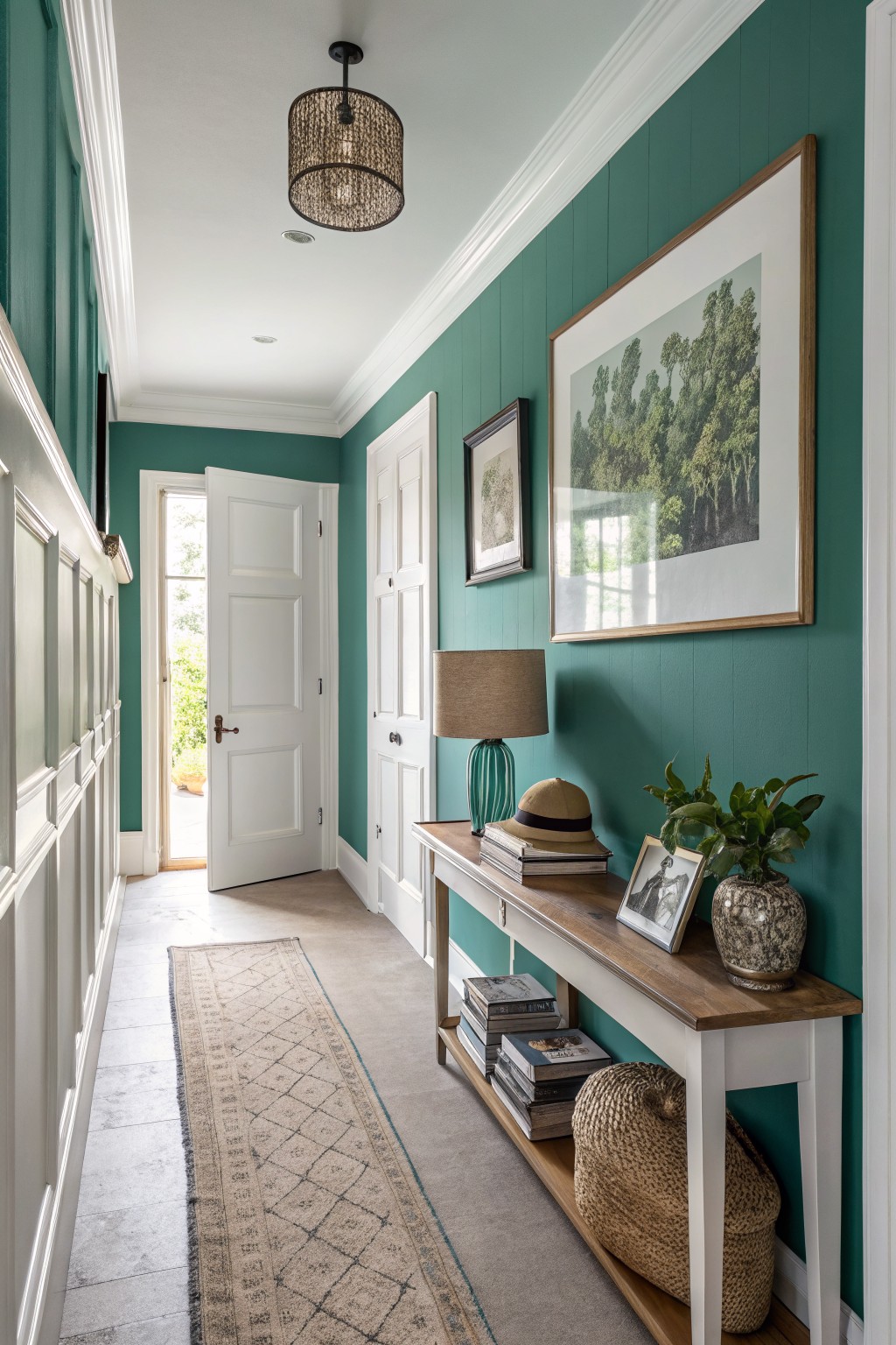 Hallway painted in lush teal green walls with white paneled doors, wood console table, lamp, hat, plants, and runner rug
