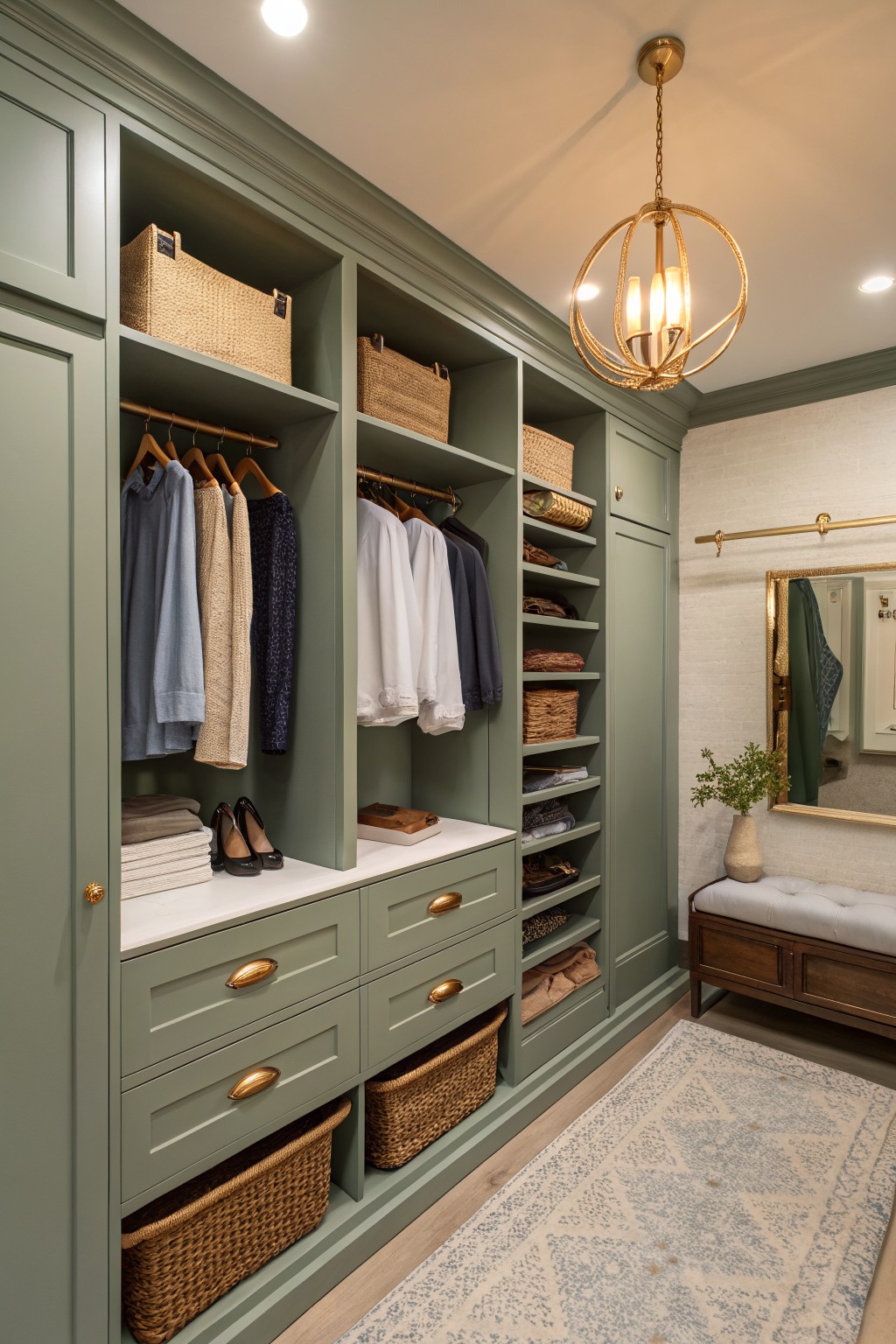 Walk-in closet with sage green cabinets, hanging clothes on rods, open shelves with baskets, drawers, wood bench, and gold mirror.