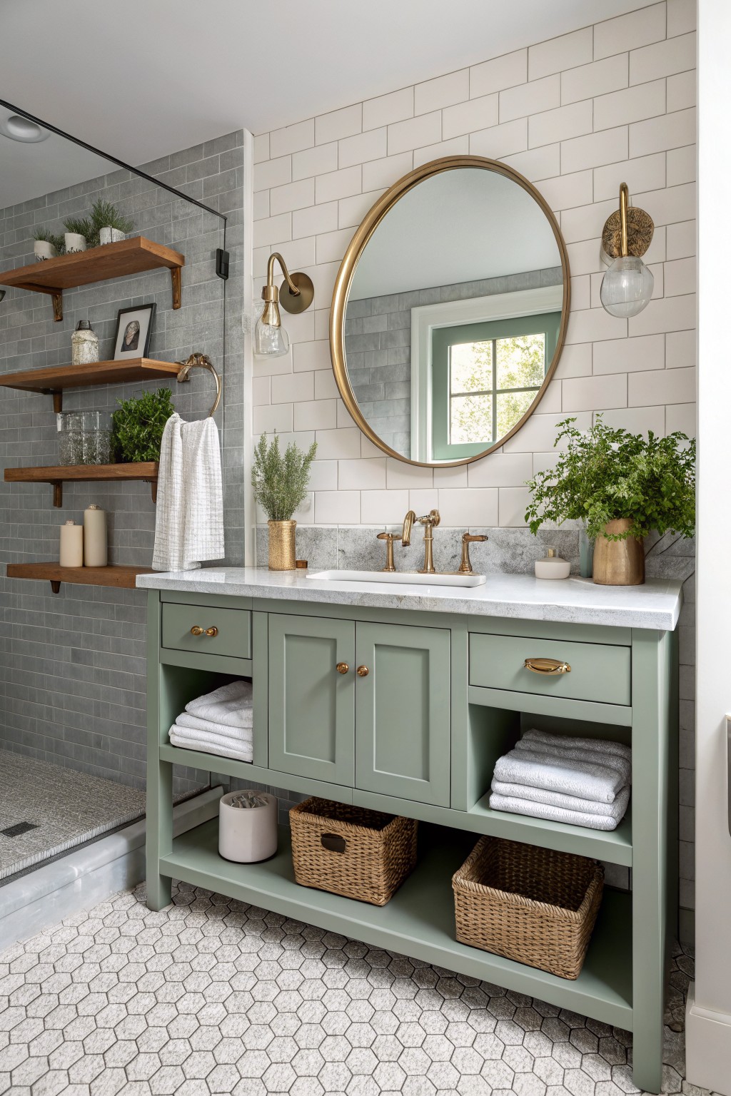 Sage green bathroom vanity cabinets with white marble countertop, gold faucets, subway tile walls, and potted plants on open shelves