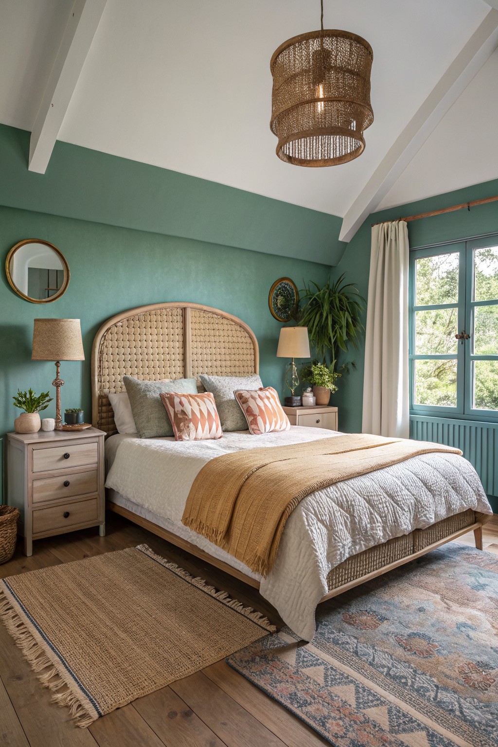 Cozy bedroom featuring muted sage green walls, rattan headboard, wooden nightstands, layered bedding with mustard throw, potted plants, and layered rugs on hardwood floors