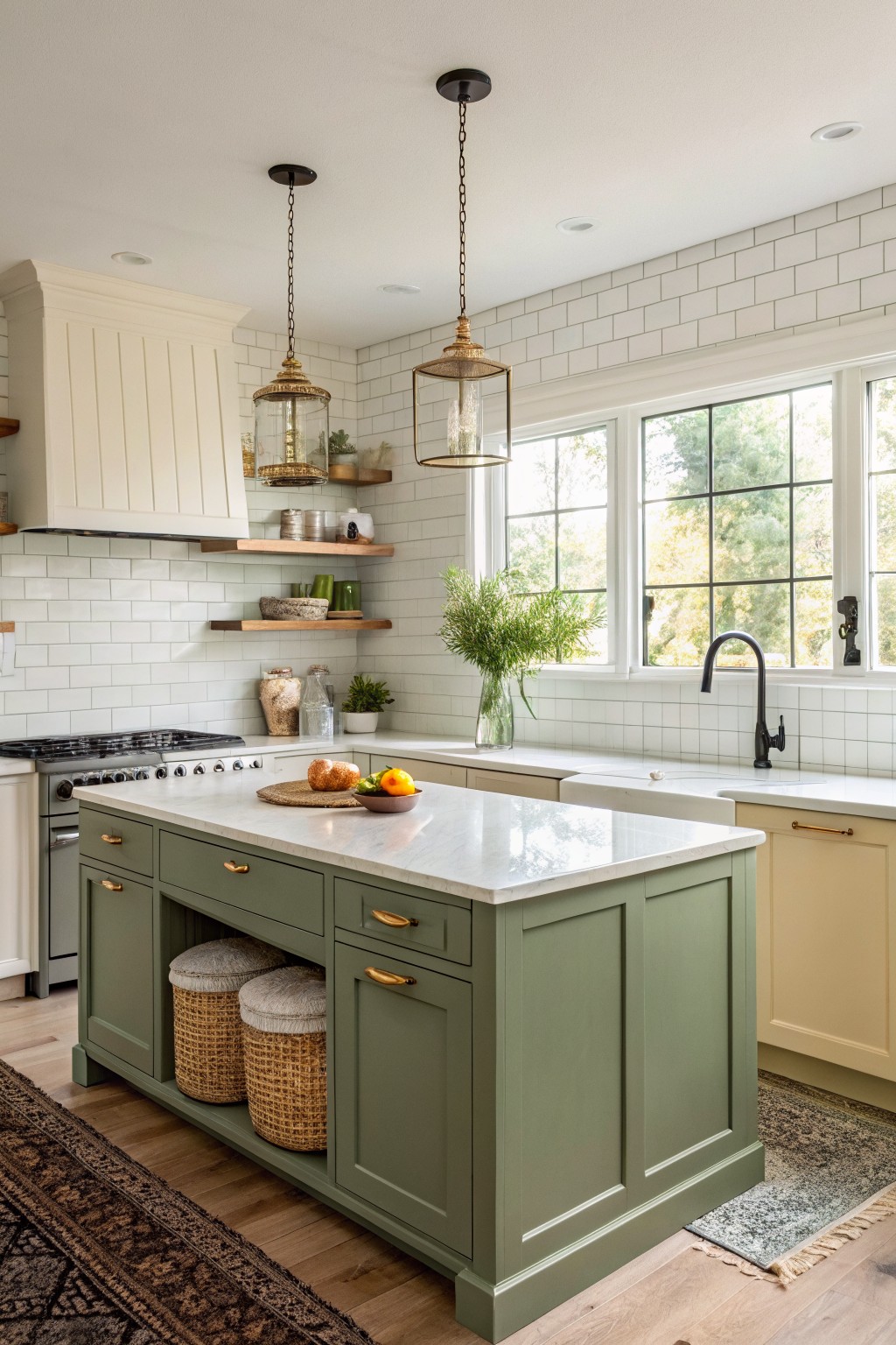 Cozy kitchen with sage green island cabinets, white quartz counters, subway tile backsplash, open shelves, and large windows letting in natural light