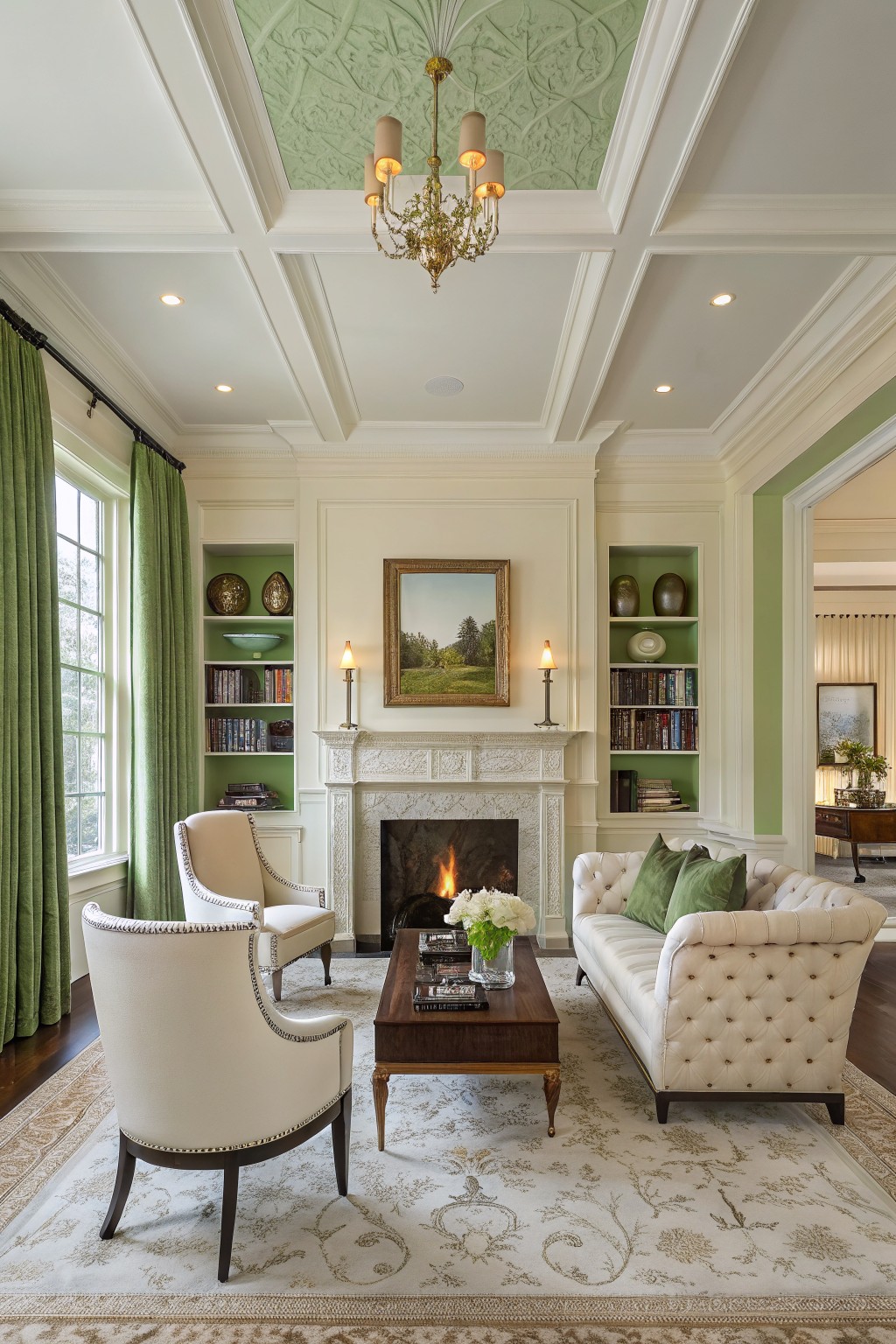 Living room with cream walls, pale green ceiling plaster and bookcase interiors, white sofa, fireplace, and green pillows