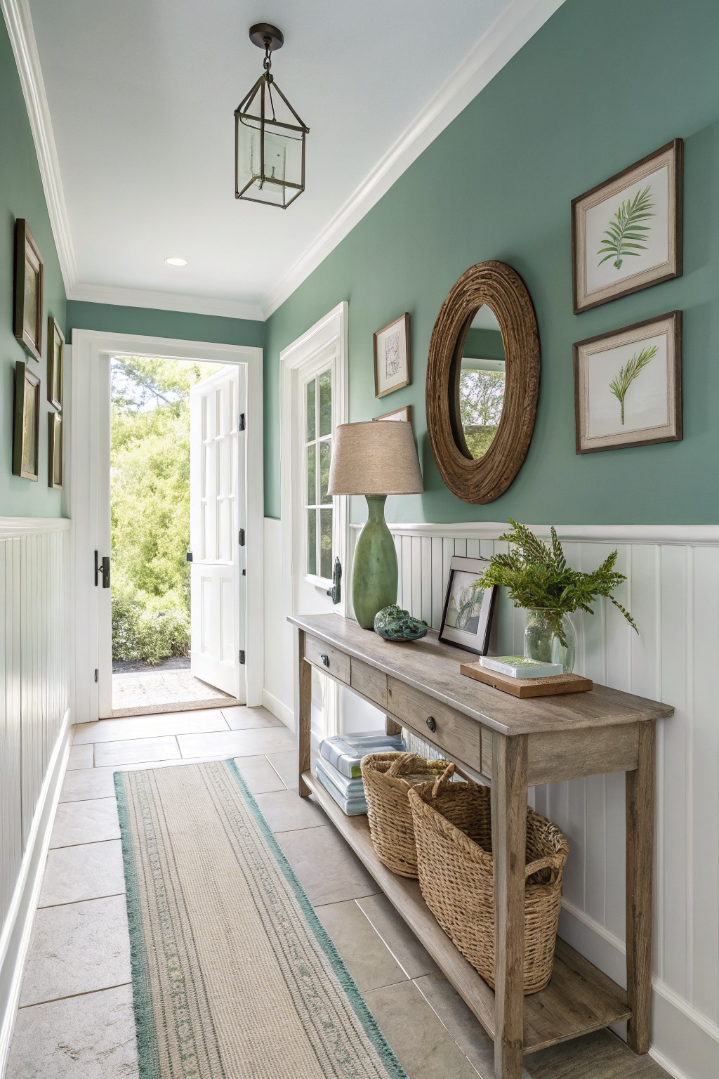 Narrow entry hallway with pale sage green upper walls and white wainscoting, wooden console table topped with lamp, vase, and baskets, rattan mirror, botanical art, open door to green yard, neutral runner rug on tile floor