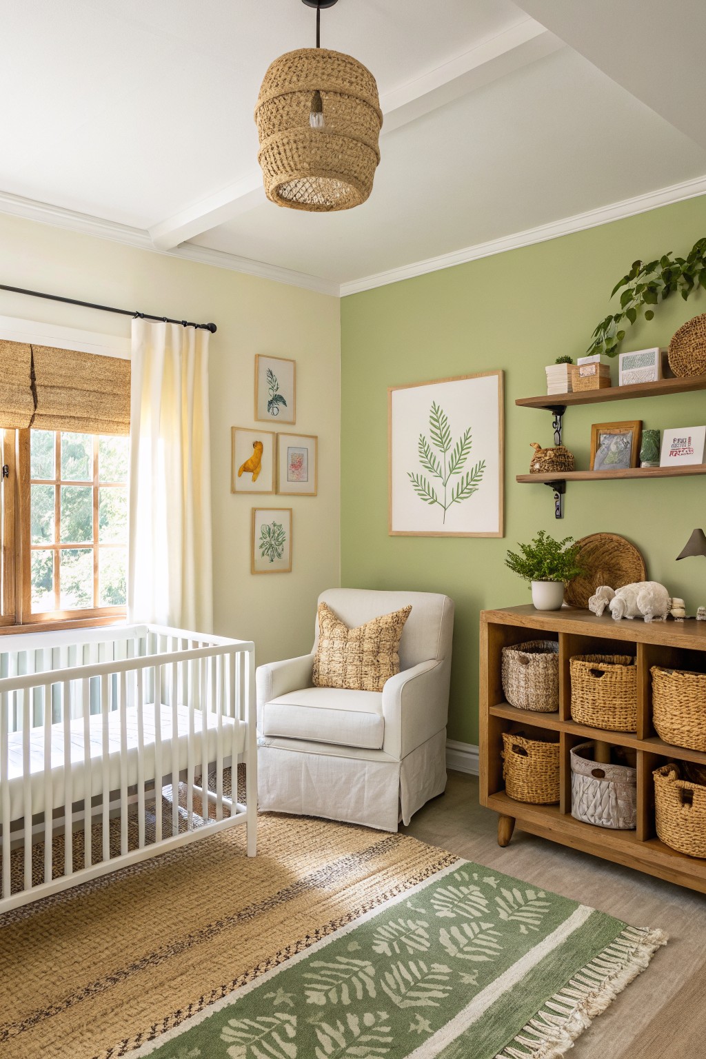 Nursery room with pale sage green walls, white crib, cream rocking chair, wood cubby shelves stocked with woven baskets, and botanical art.