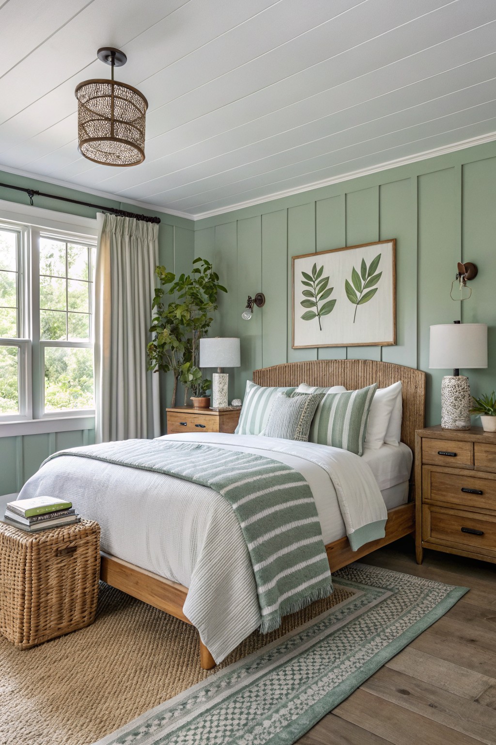 Bedroom with pale sage green board-and-batten walls, rattan-upholstered headboard on wooden bed, white and green striped bedding, potted plants, table lamps, and seagrass rug on hardwood floors