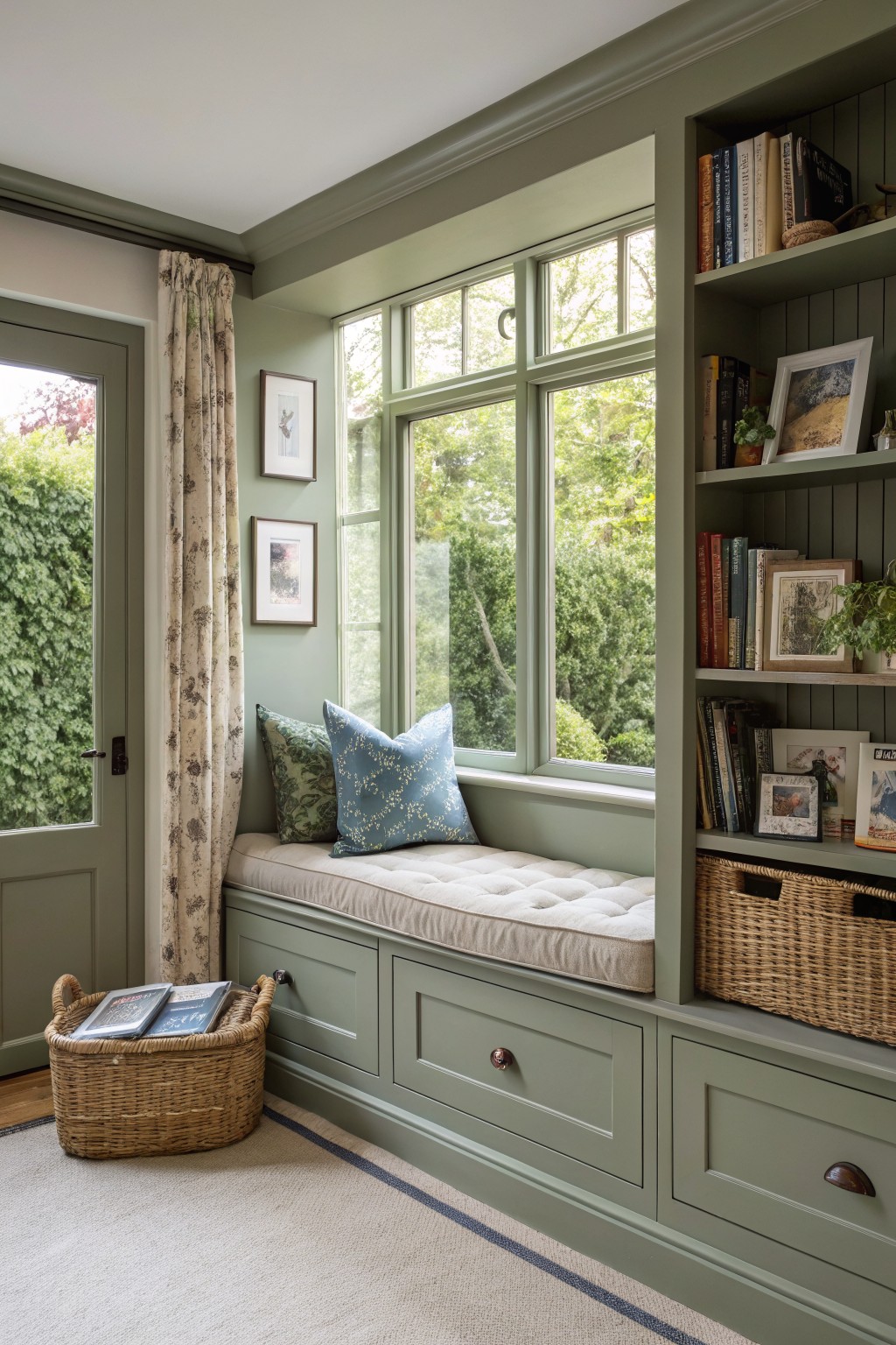 Sage green built-in window seat with bookshelves, cushions, baskets, and garden view through large windows