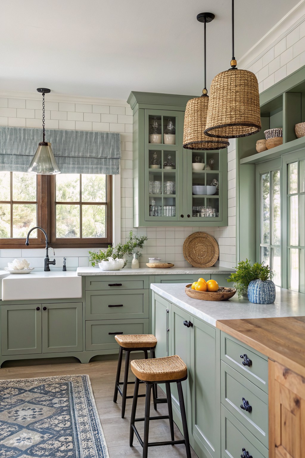Sage green kitchen cabinets with white farmhouse sink, wood island, rattan pendant lights, and subway tile backsplash