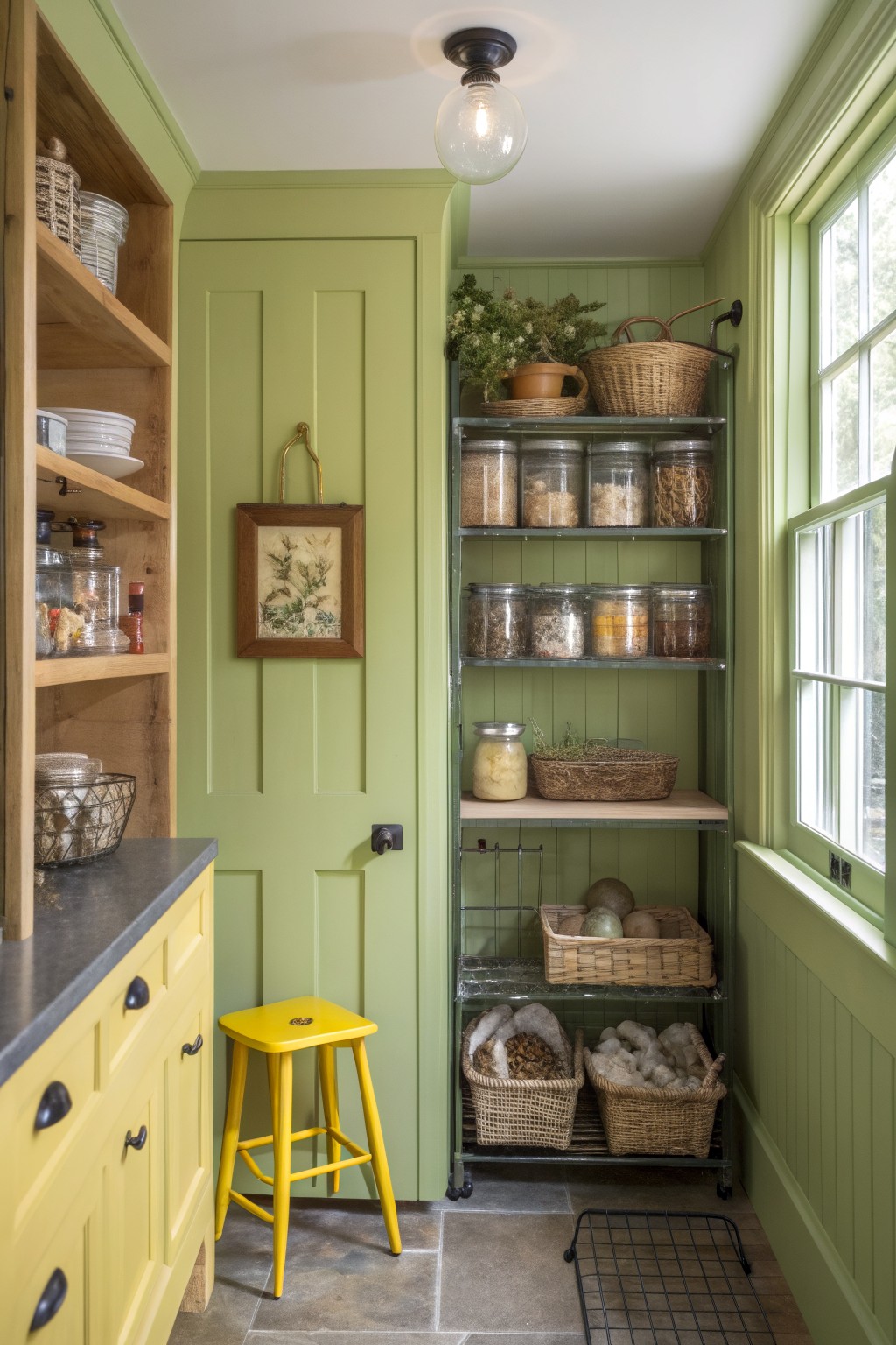 Small pantry with pale sage green paneled walls, open wood shelves stocked with glass jars, woven baskets, and produce, plus yellow base cabinets and stool.