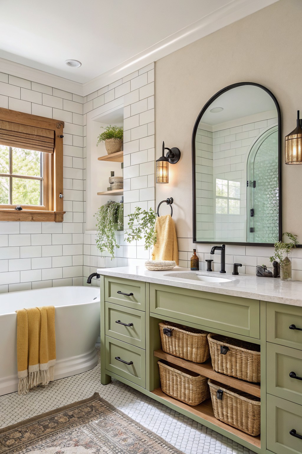 Bathroom vanity painted in soft sage green with white subway tile walls, arched black mirror, yellow towels, plants, and wicker baskets