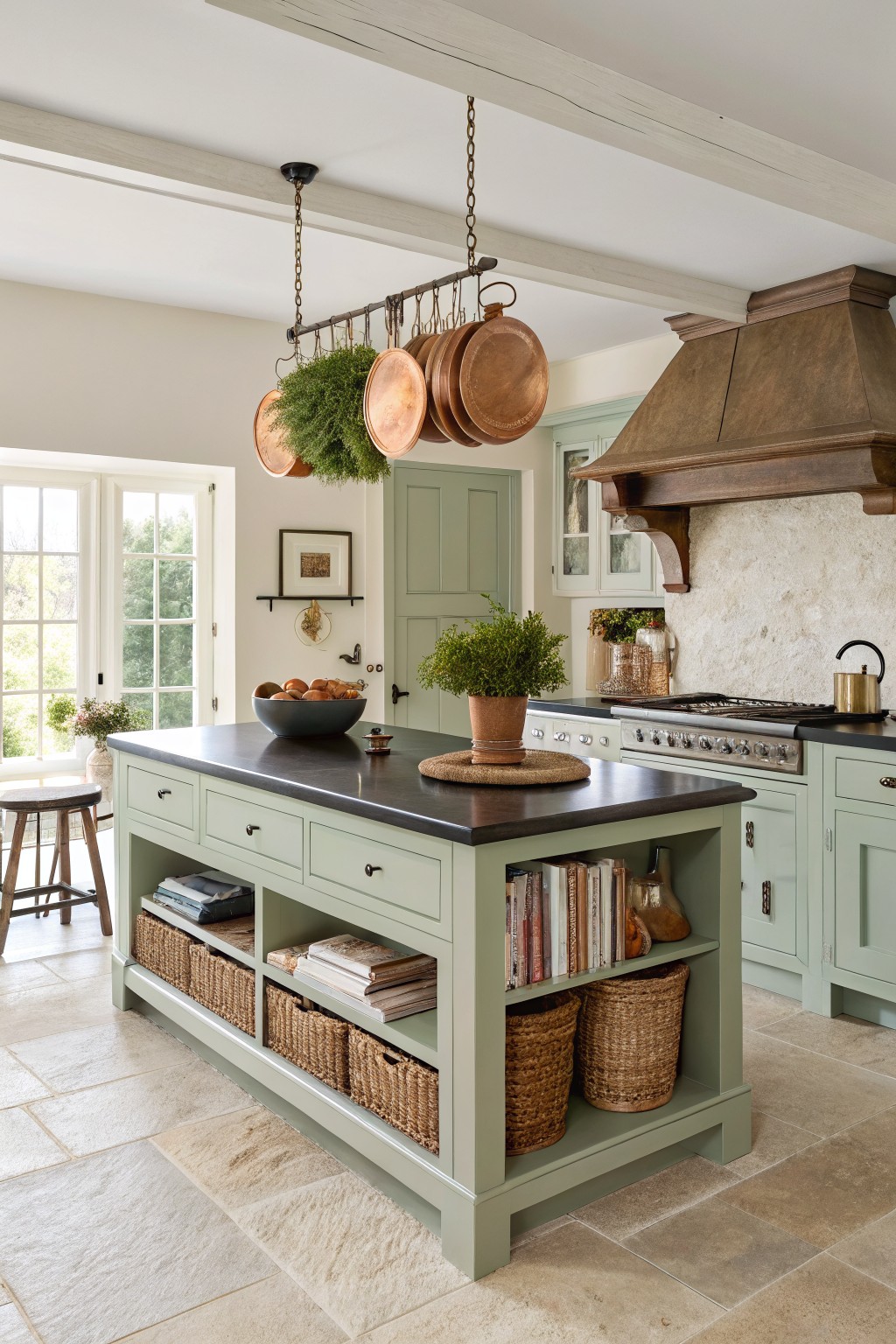 Sage green painted kitchen island with black countertop, open shelves holding books and baskets, copper pots overhead, and creamy walls in a light-filled room