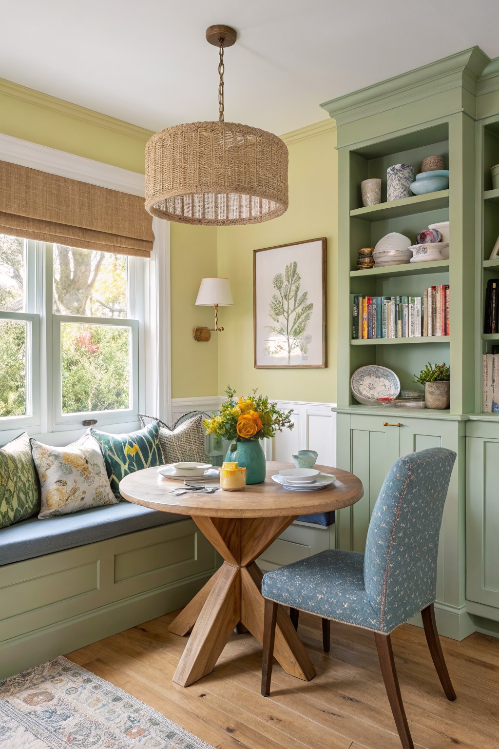 Cozy corner breakfast nook featuring soft sage green built-in cabinets and banquette, paired with pale yellow walls, a round wood table, woven pendants, and potted plants.