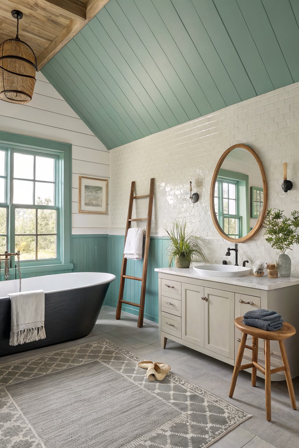 Bathroom featuring soft sage green painted ceiling and wainscot against white shiplap walls, with a black clawfoot tub and wooden ladder towel rack