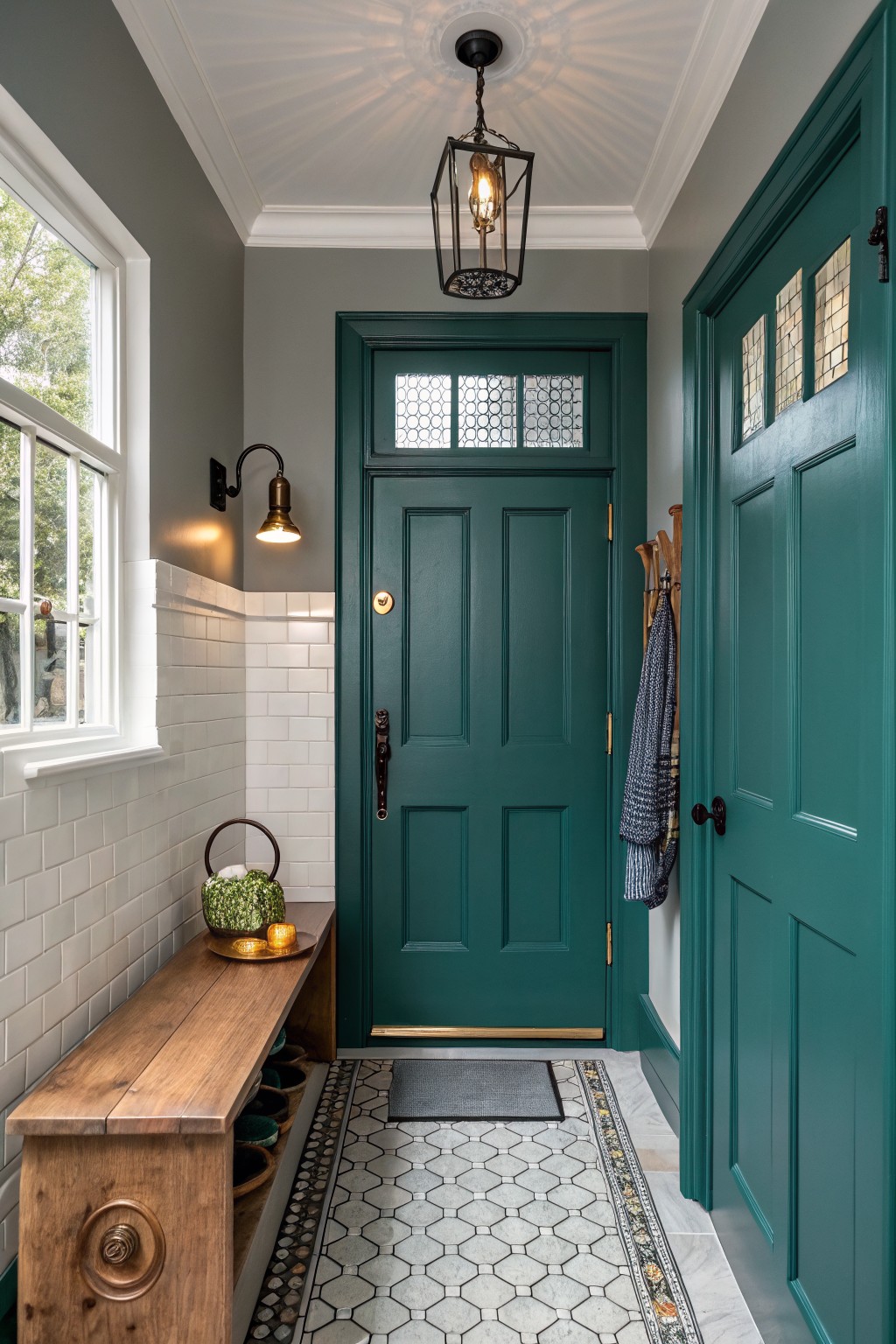 Closeup of a teal green entry door with glass panels flanked by matching green walls, a wooden bench, and white tiled corner in a Craftsman-style mudroom