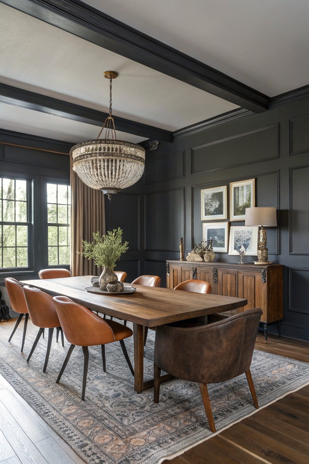 Dining room with deep charcoal gray paneled walls, wooden table, orange leather chairs, credenza, and crystal chandelier over hardwood floors