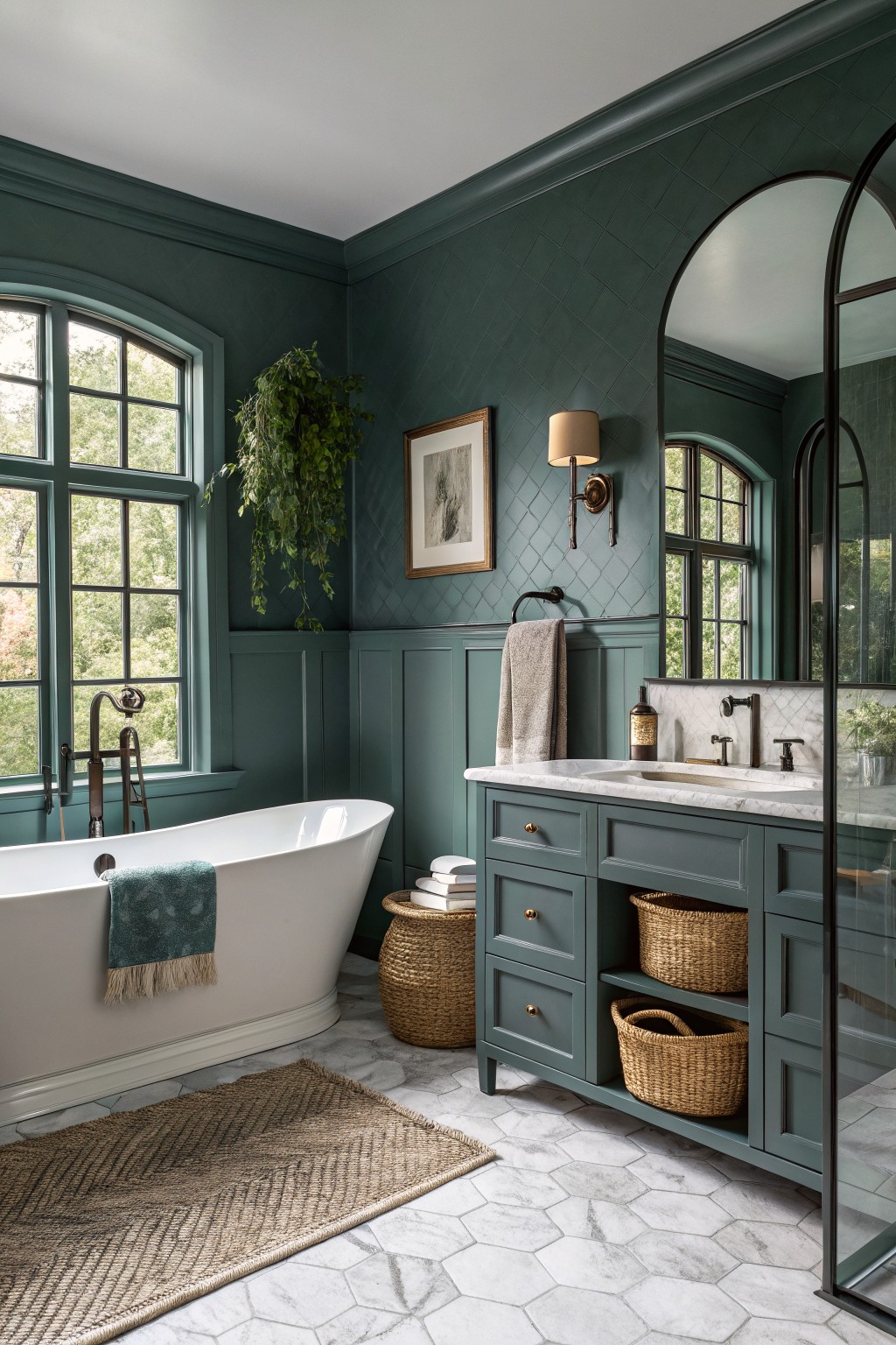 Moody deep green bathroom with freestanding tub draped in teal towel, green cabinetry, white marble vanity, brass fixtures, arched black mirror, and white hex tile floor