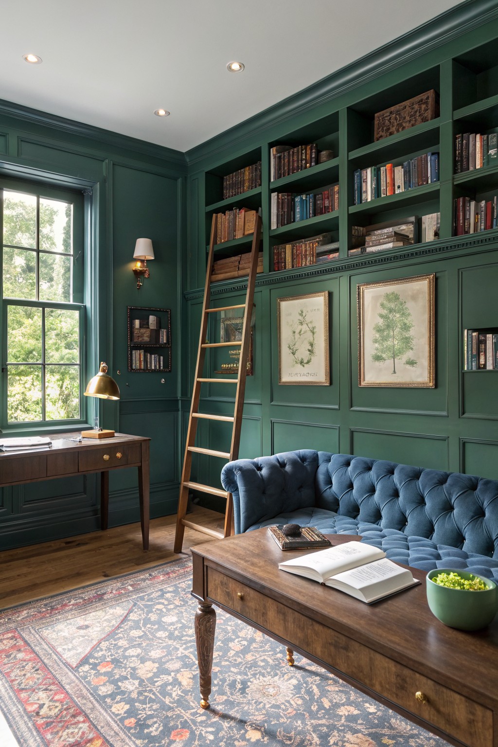 Classic home library with deep green paneled walls, extensive wooden bookshelves and ladder, antique desk, low coffee table, tufted blue velvet sofa, and Persian rug