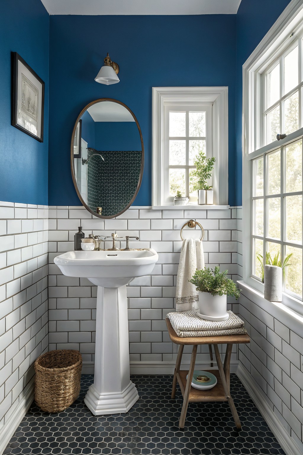 Small bathroom with deep navy upper walls, white subway tile, pedestal sink, oval mirror, and plants by the window