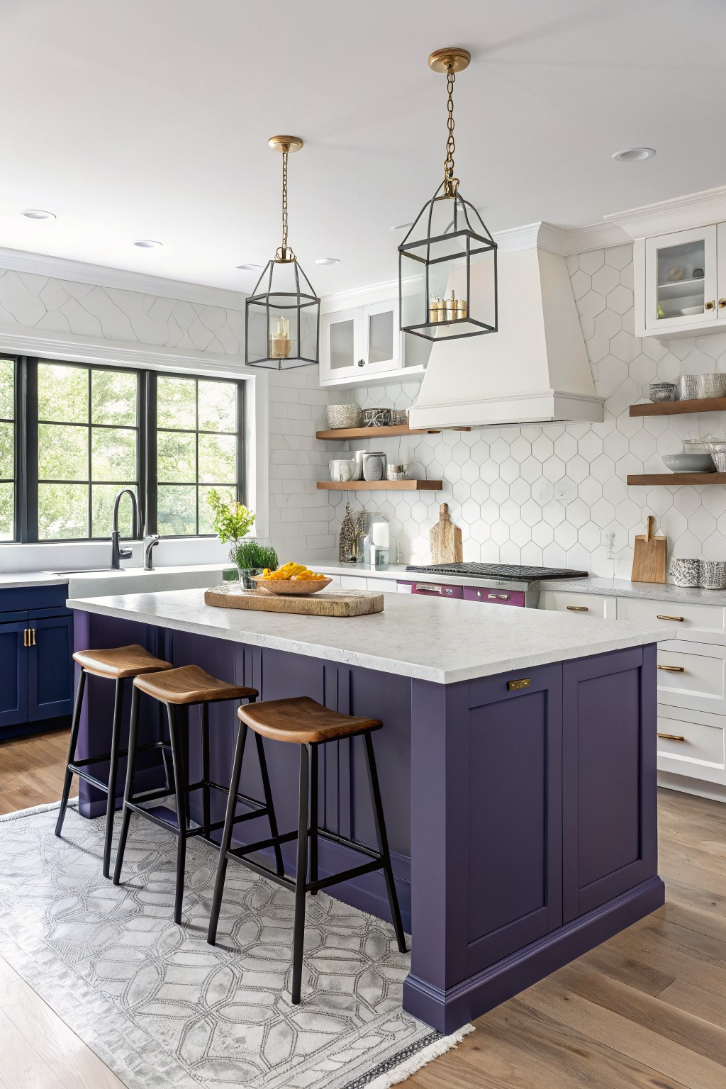 Kitchen featuring deep purple island cabinets with black metal stools, white upper cabinets, hex tile backsplash, and wood accents on open shelves