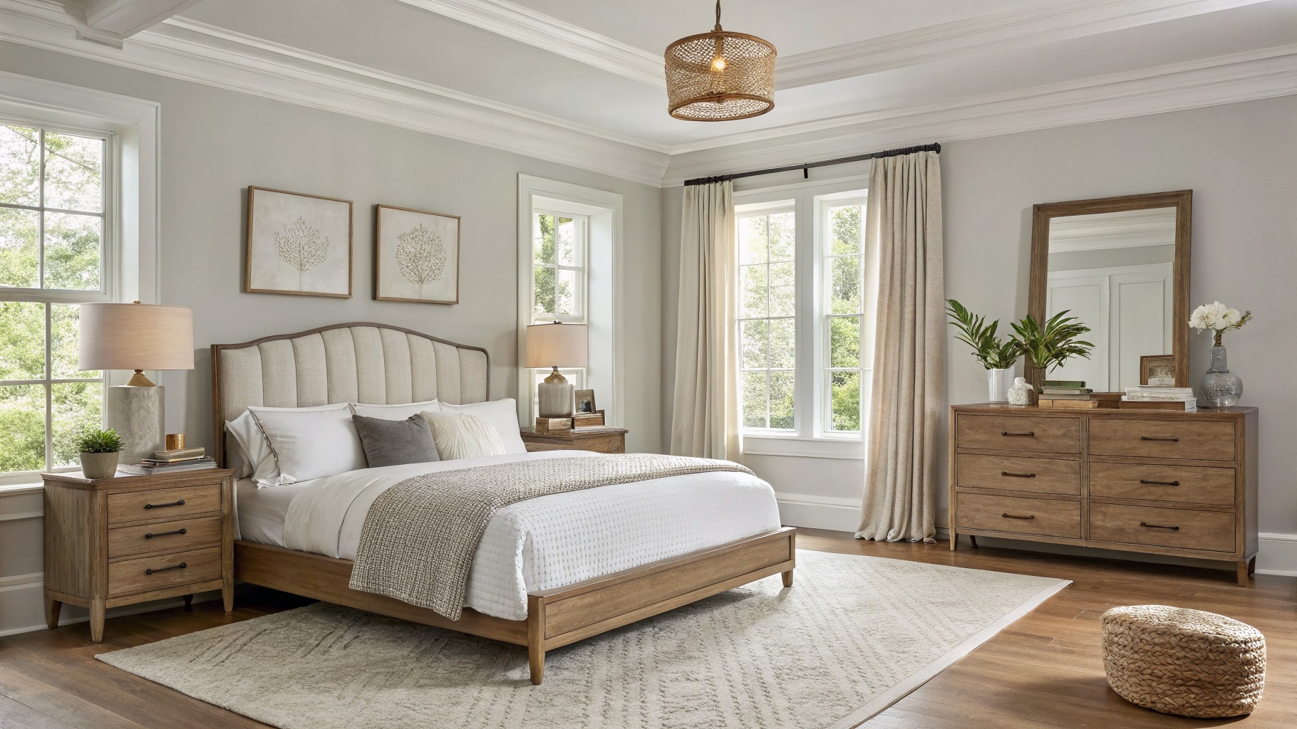 Cozy bedroom with light greige walls highlighting warm wood furniture, plush bedding, and soft lighting from a rattan pendant