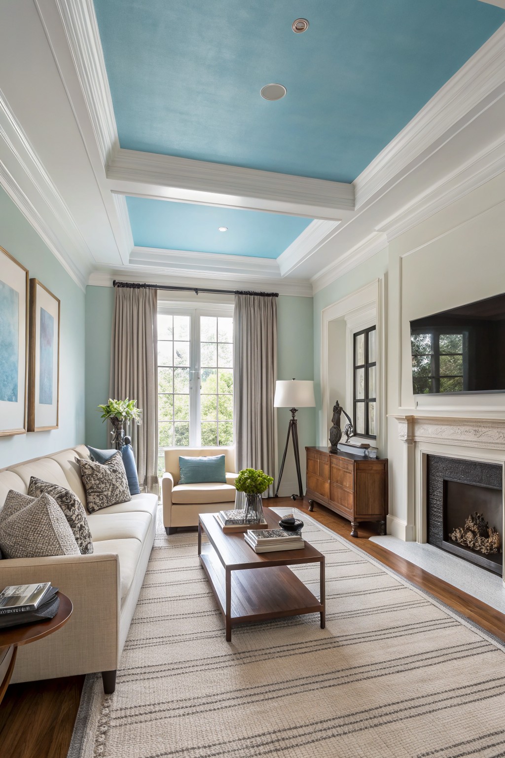 Living room featuring pale mint green walls under a soft blue coffered ceiling, with a white sofa, wood coffee table, and marble fireplace