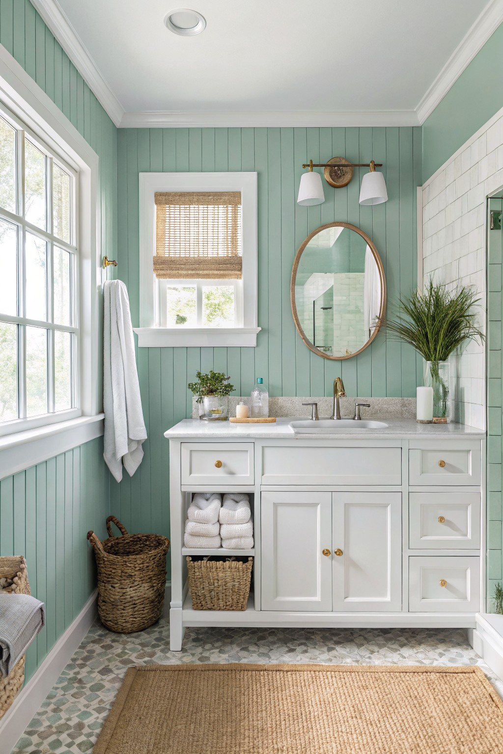 Cozy bathroom featuring pale mint green shiplap walls, white double vanity with gold hardware, round gold mirror, woven baskets, and patterned tile floor