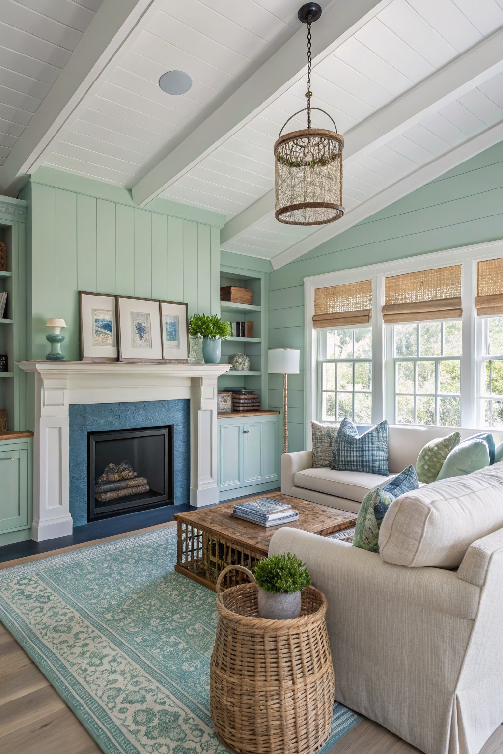 Living room with pale sage green shiplap walls and cabinets, white trim fireplace, cream sofa with green pillows, rattan accents, and large windows with bamboo shades