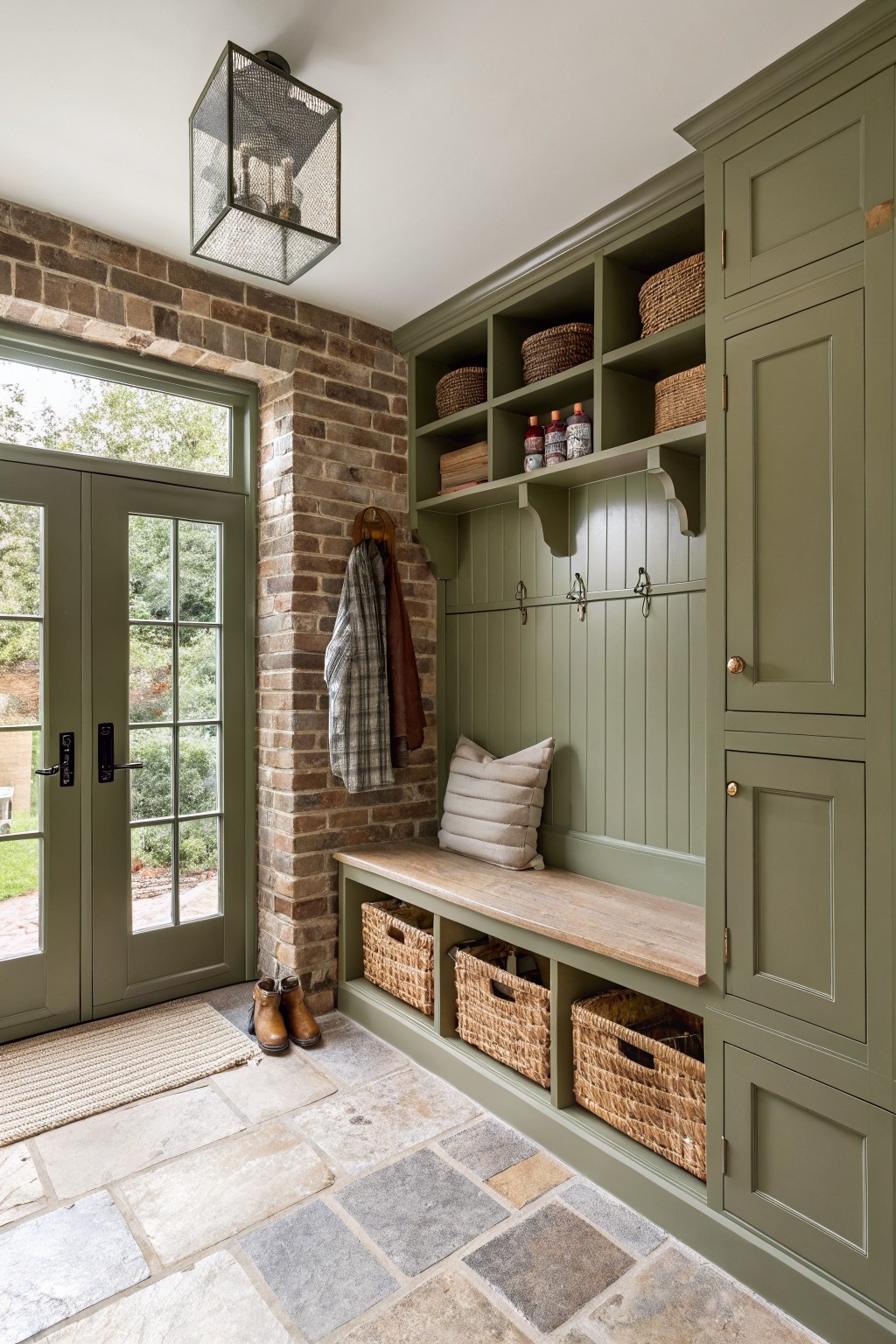 Mudroom with sage green cabinets and paneling, brick wall, wood bench with pillows, hooks for coats, and seagrass baskets on a stone tile floor