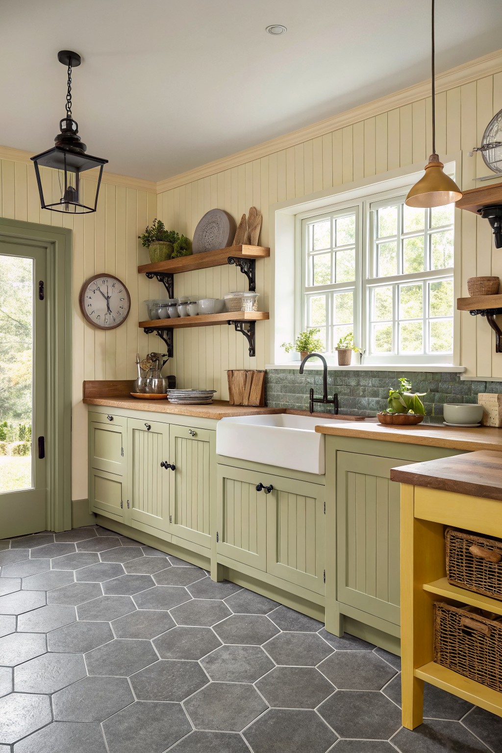 Cozy kitchen with sage green painted cabinets, wooden countertops, white farmhouse sink, and pale yellow paneled walls under pendant lights
