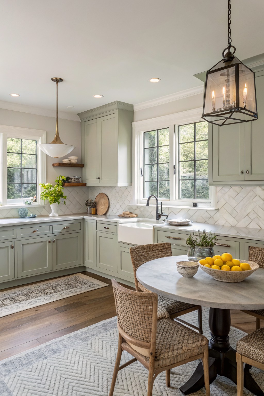 Cozy kitchen featuring pale sage green cabinets, white subway tile backsplash, farmhouse sink, and round gray table with rattan chairs on wood floors