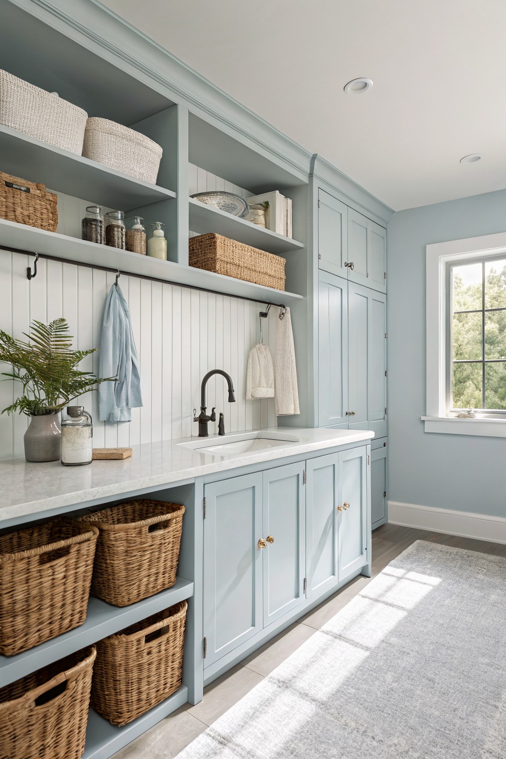 Laundry room featuring soft blue cabinets, white shiplap backsplash, quartz countertop, and wicker storage baskets