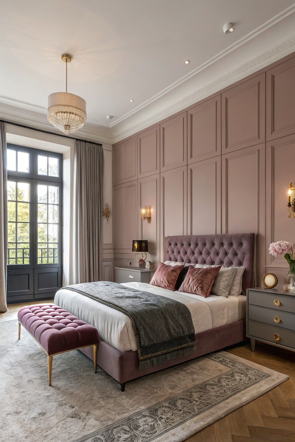 Elegant bedroom with soft blush pink paneled walls, tufted mauve headboard, large French doors to garden, gold accents and hardwood floors