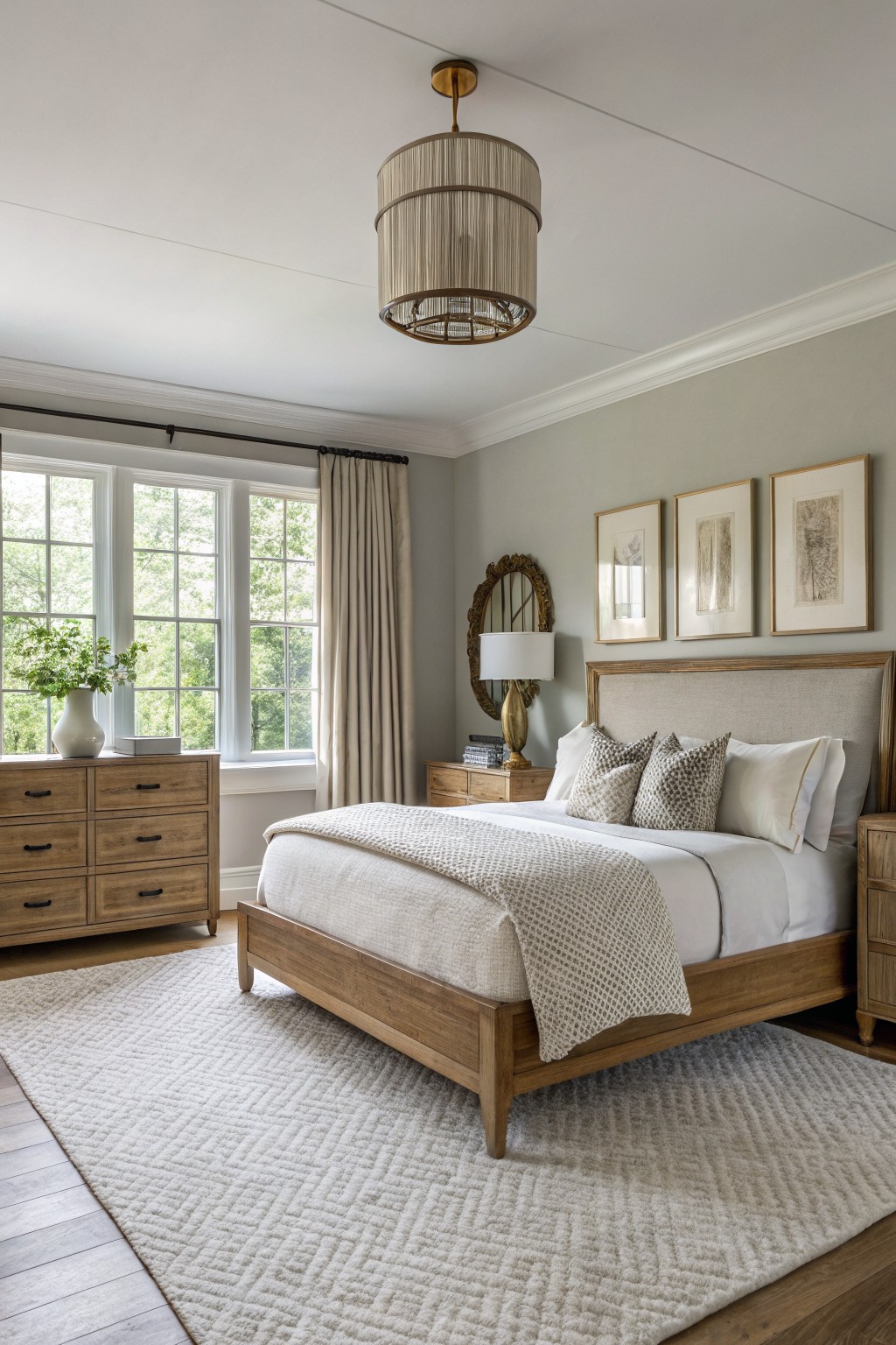 Cozy bedroom with light greige walls highlighting warm wood furniture, plush bedding, and soft lighting from a rattan pendant