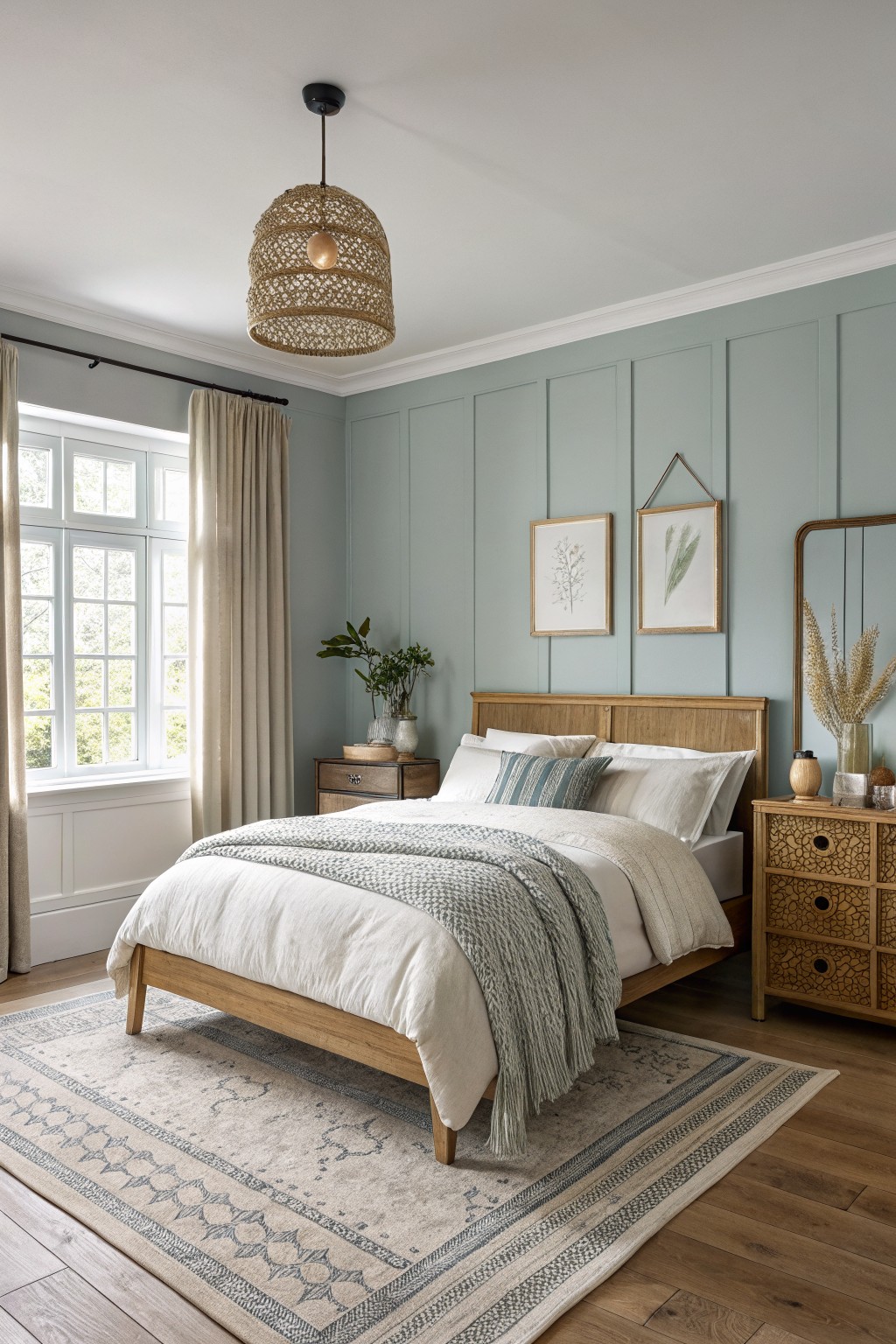 Cozy bedroom featuring soft pale sage green paneled walls, wooden bed frame with white linens, rattan pendant light, and large window with cream curtains