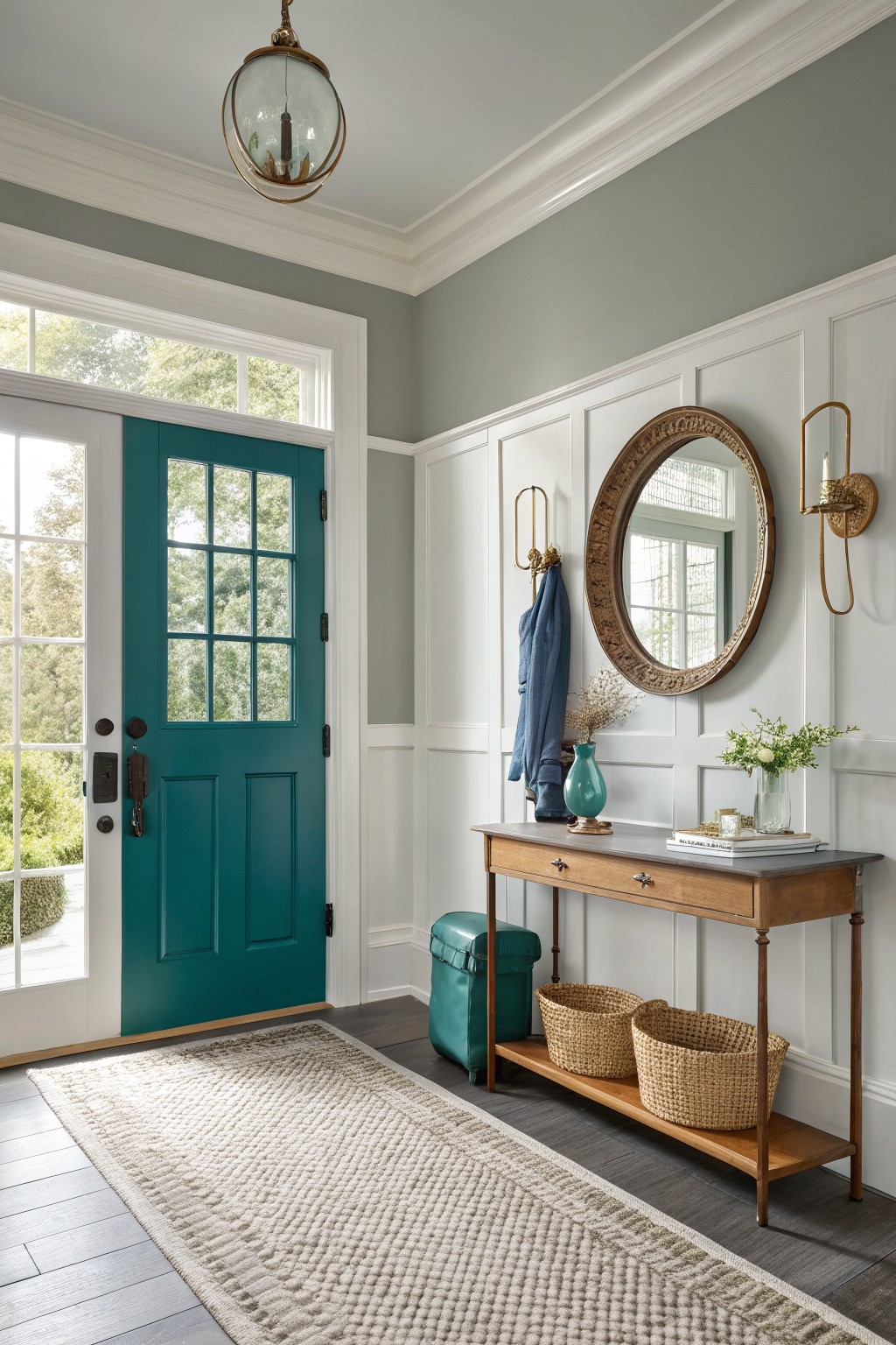 Cozy entryway featuring soft warm gray walls with white wainscoting, a teal front door, wood console table with baskets, round mirror, and greenery.