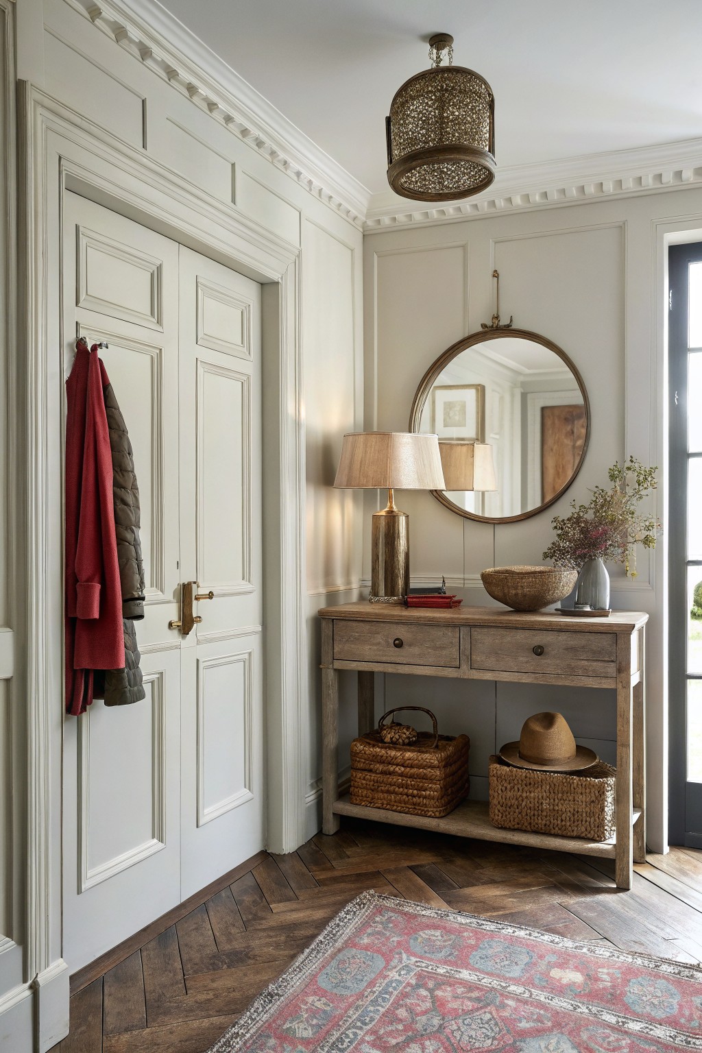 Entryway corner with warm off-white paneled walls, wooden console table topped with lamp and mirror, hanging coat, hats in baskets, and patterned rug on herringbone floors