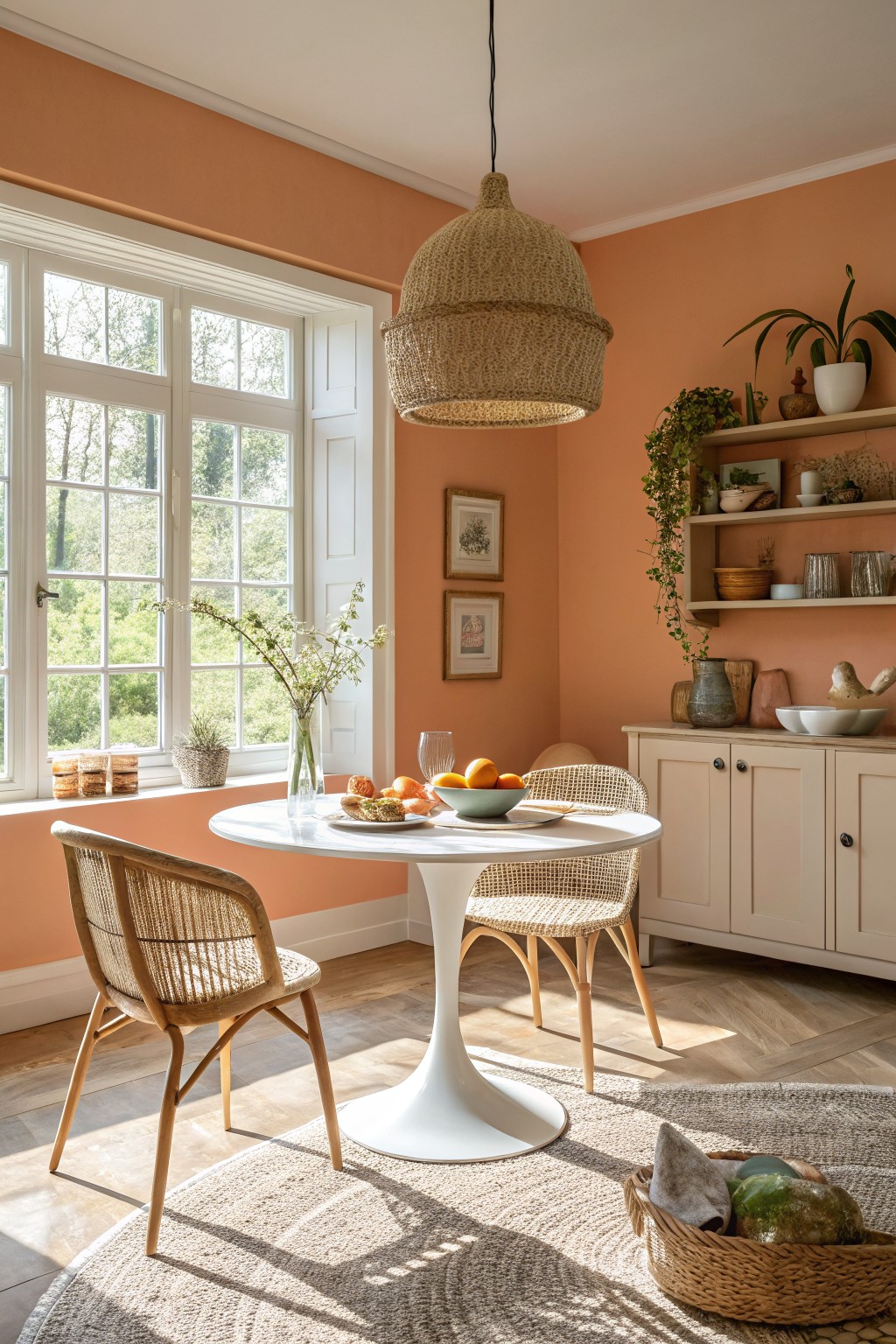 Warm peach walls in a sunny dining nook with rattan chairs around a white pedestal table, wood cabinets, plants, and large windows letting in natural light