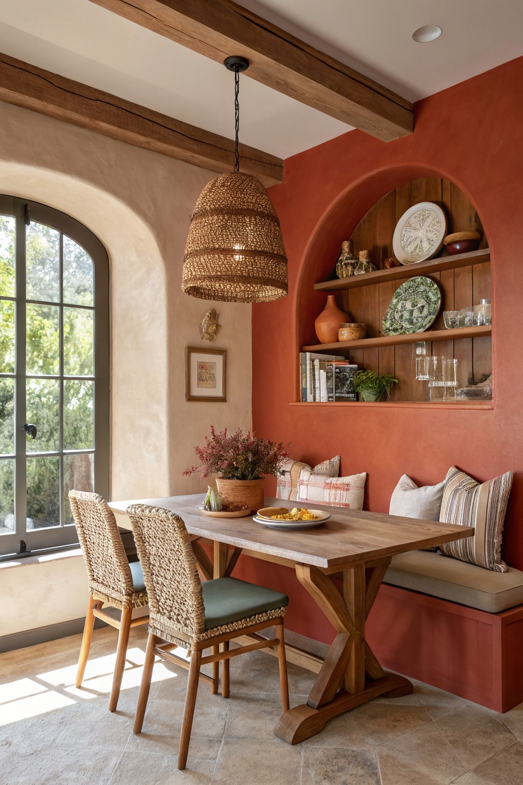 Dining nook with warm terracotta accent wall, arched wooden niche with pottery, rattan chairs at wooden table, beige plaster walls and bench seating
