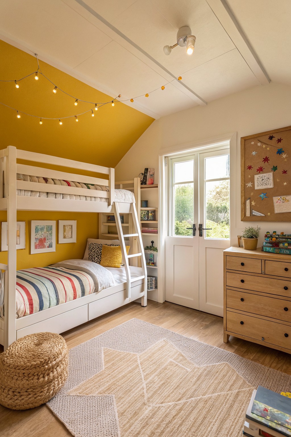 Cozy kids' bedroom with warm golden yellow vaulted ceiling, white bunk bed, wooden dresser, corkboard, and French doors overlooking greenery