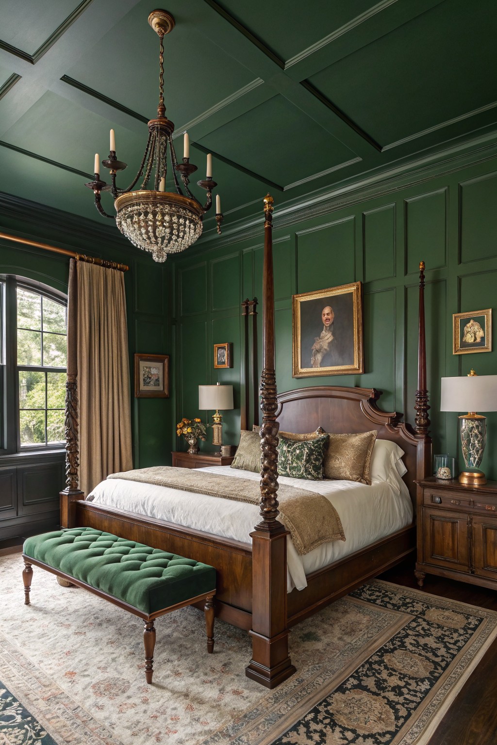 Luxurious bedroom with deep green paneled walls, dark wood four-poster bed draped in cream linens, crystal chandelier overhead, and antique portraits.
