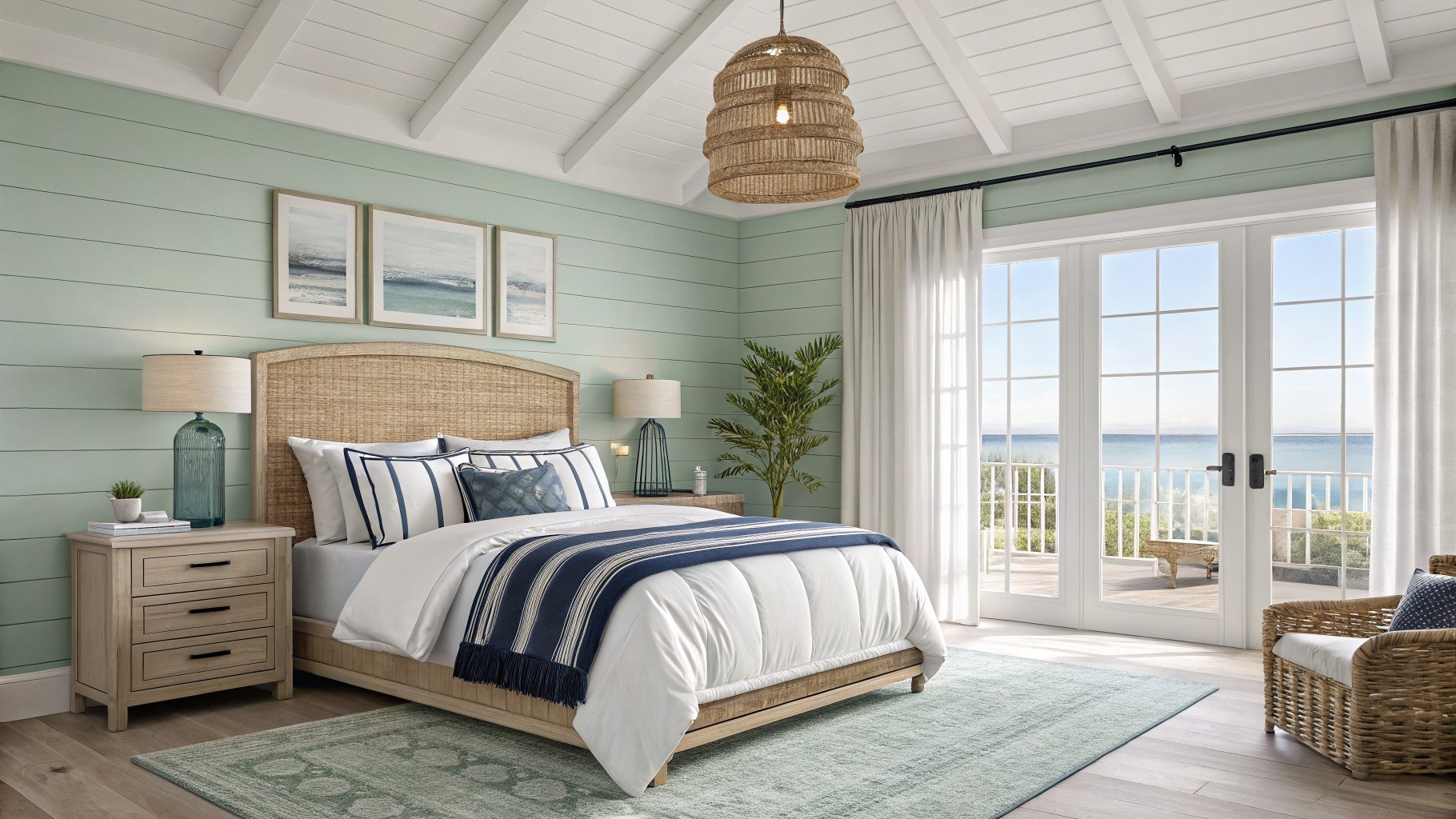 Bedroom with pale seafoam green shiplap walls, white ceiling, wood headboard, navy throw on bed, rattan bench, and doors to outdoor view