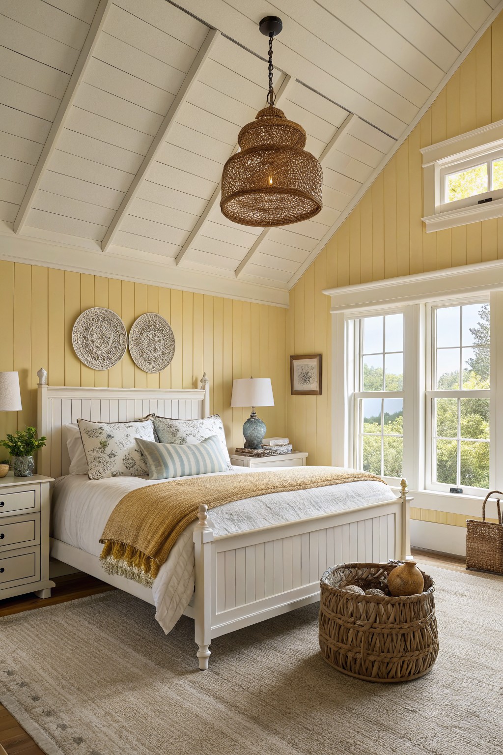 Bedroom with pale yellow shiplap walls, white paneled bed with neutral bedding and yellow throw, rattan pendant light overhead, nightstands, and large windows with wooded view