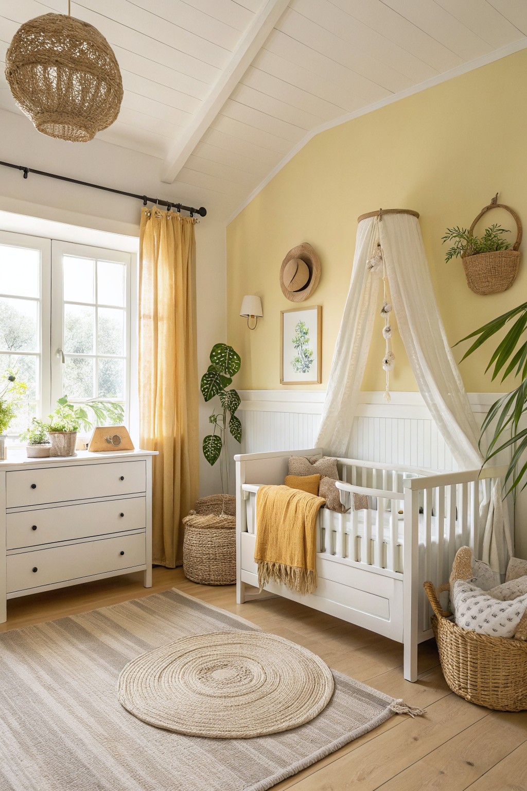 Serene nursery bedroom with pale yellow walls, white crib draped in sheer canopy, rattan baskets, and potted plants