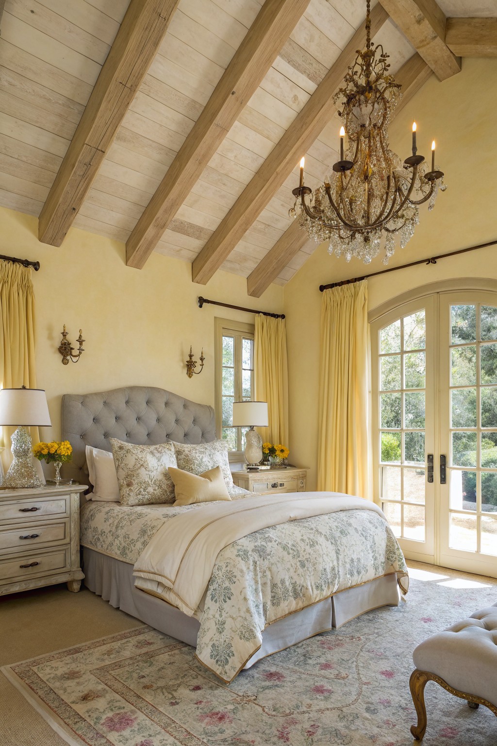 Serene bedroom interior with pale yellow plaster walls, exposed wood beams, crystal chandelier, tufted upholstered bed with floral linens, and arched French doors overlooking greenery