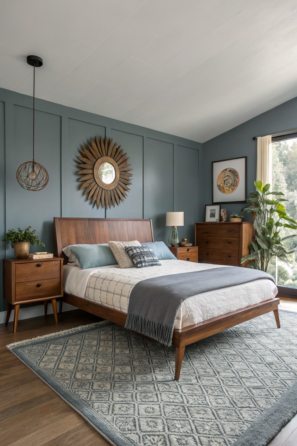 Serene bedroom featuring soft blue-gray walls with midcentury wood furniture, plants, and a cozy bed layered in neutrals