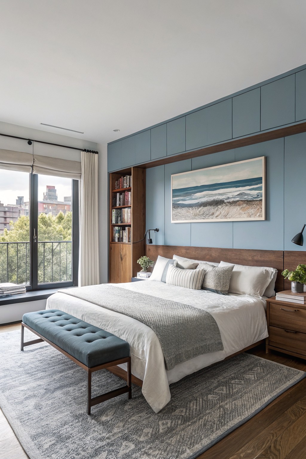 Bedroom with soft blue-gray paneled accent wall, wooden bed and shelving, white bedding, and large window with city view