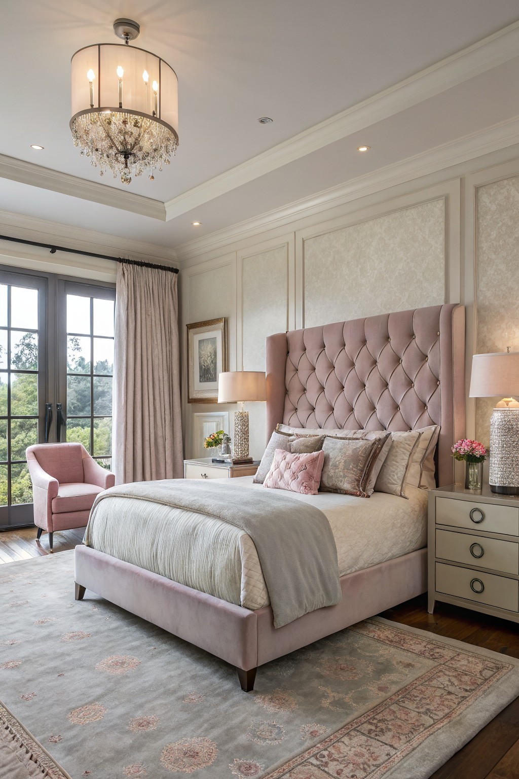 Bedroom with pink velvet tufted headboard on king bed, creamy paneled walls, pink armchair, French doors to wooded view, crystal chandelier overhead
